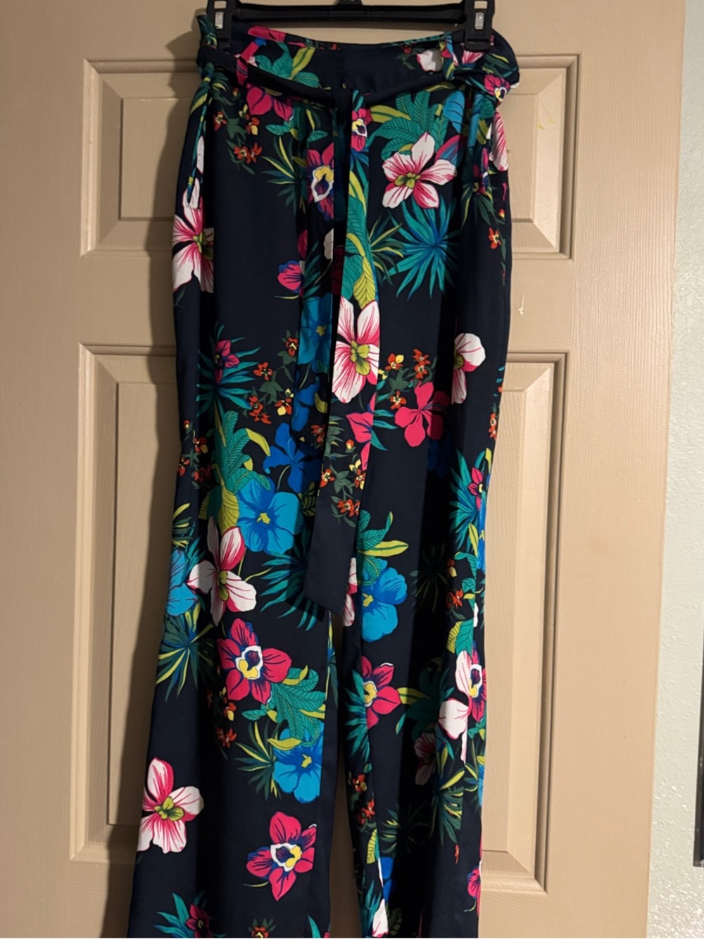 Cache Navy Floral Wide-Leg Pants with Tie Waist